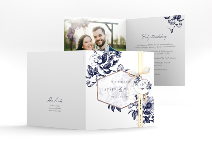 Hochzeitseinladung Magnificent quadr. Klappkarte blau rosegold