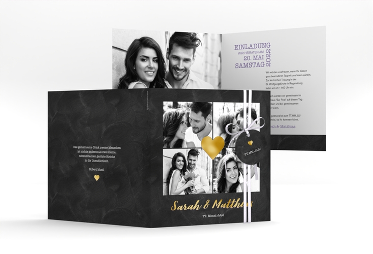 Hochzeitseinladung Sparkly quadr. Klappkarte lila gold