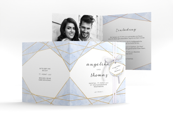 Hochzeitseinladung Asymmetry quadr. Klappkarte blau gold