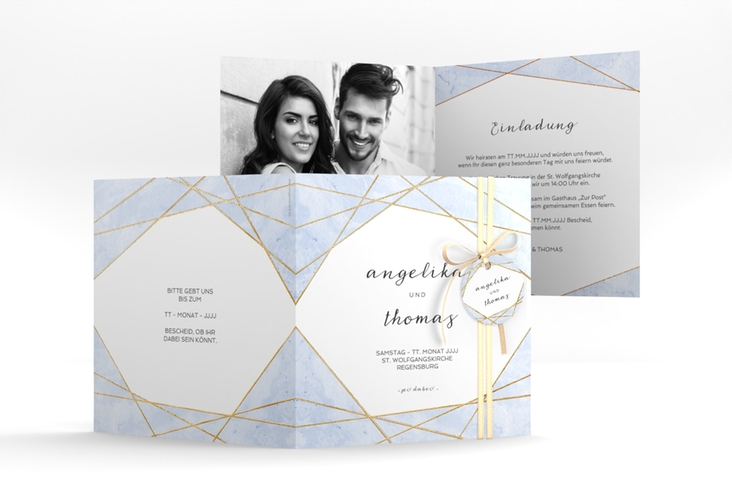 Hochzeitseinladung Asymmetry quadr. Klappkarte blau gold