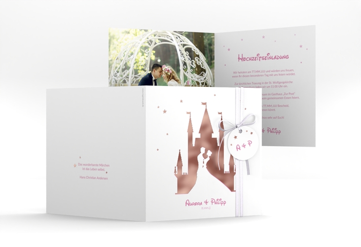 Hochzeitseinladung Castle quadr. Klappkarte rosa rosegold