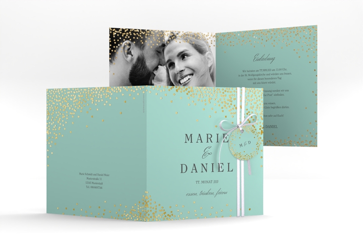 Hochzeitseinladung Glitter quadr. Klappkarte mint gold