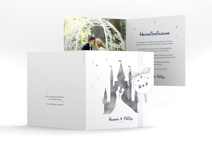 Hochzeitseinladung Castle quadr. Klappkarte blau silber