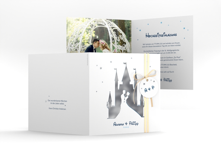Hochzeitseinladung Castle quadr. Klappkarte blau silber