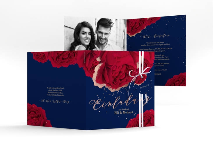Hochzeitseinladung Cherie quadr. Klappkarte blau rosegold