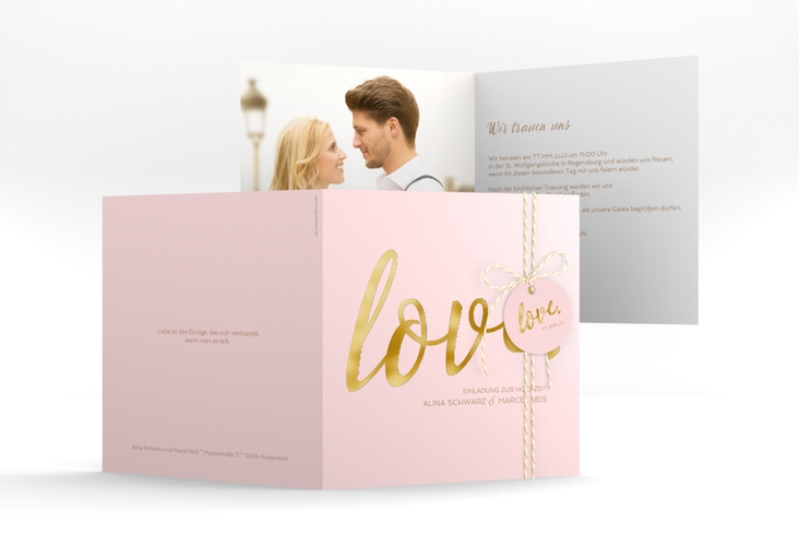 Hochzeitseinladung Glam quadr. Klappkarte rosa gold