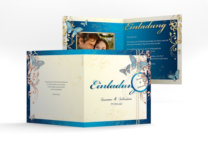 Hochzeitseinladung Toulouse quadr. Klappkarte blau rosegold romantisch mit Schmetterlingen