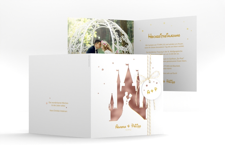 Hochzeitseinladung Castle quadr. Klappkarte gold rosegold