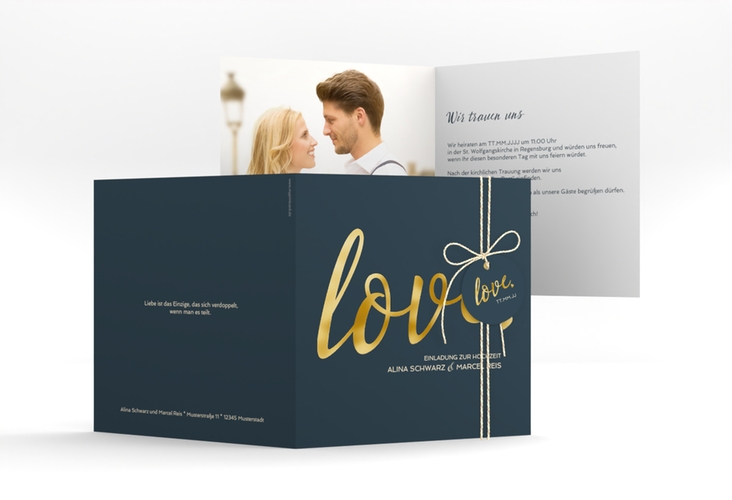 Hochzeitseinladung Glam quadr. Klappkarte blau gold
