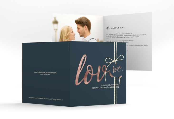 Hochzeitseinladung Glam quadr. Klappkarte blau rosegold