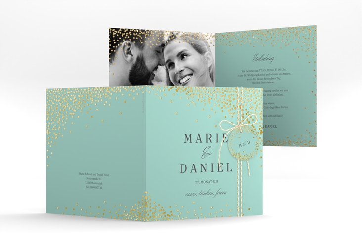 Hochzeitseinladung Glitter quadr. Klappkarte mint gold