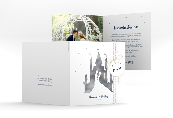 Hochzeitseinladung Castle quadr. Klappkarte blau silber