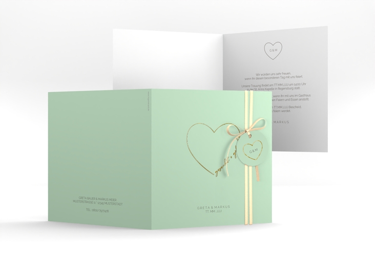 Hochzeitseinladung Lebenstraum quadr. Klappkarte mint gold