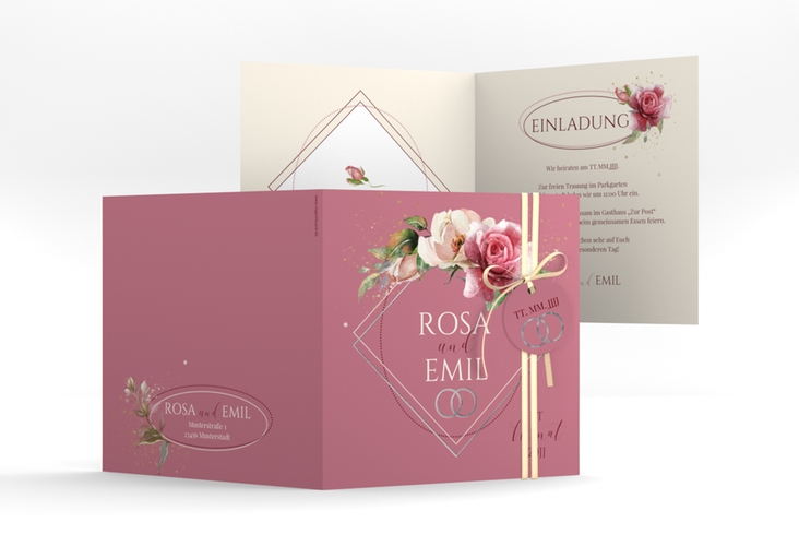 Hochzeitseinladung Rosenbogen quadr. Klappkarte rosa silber