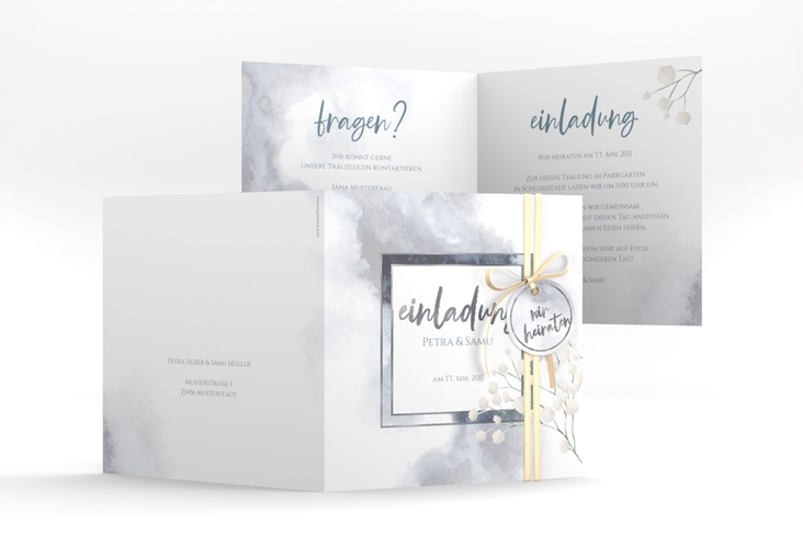 Hochzeitseinladung Winter quadr. Klappkarte blau silber mit Schleierkraut