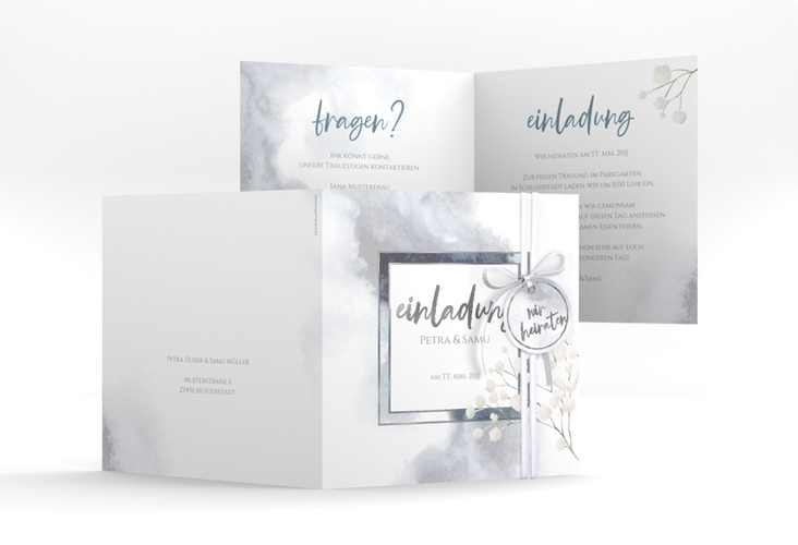 Hochzeitseinladung Winter quadr. Klappkarte blau silber mit Schleierkraut
