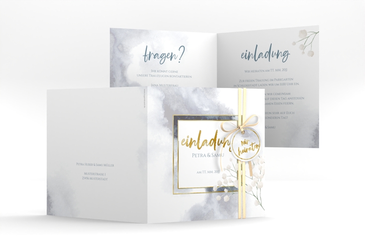 Hochzeitseinladung Winter quadr. Klappkarte blau gold mit Schleierkraut