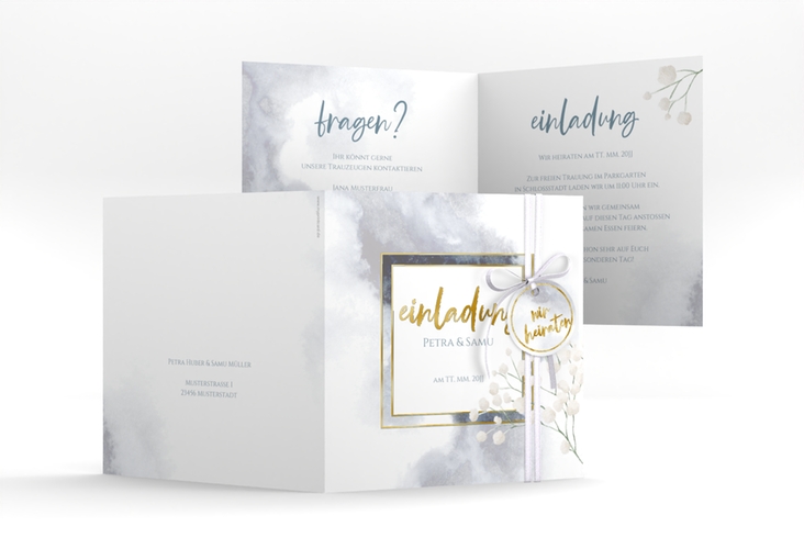 Hochzeitseinladung Winter quadr. Klappkarte blau gold mit Schleierkraut