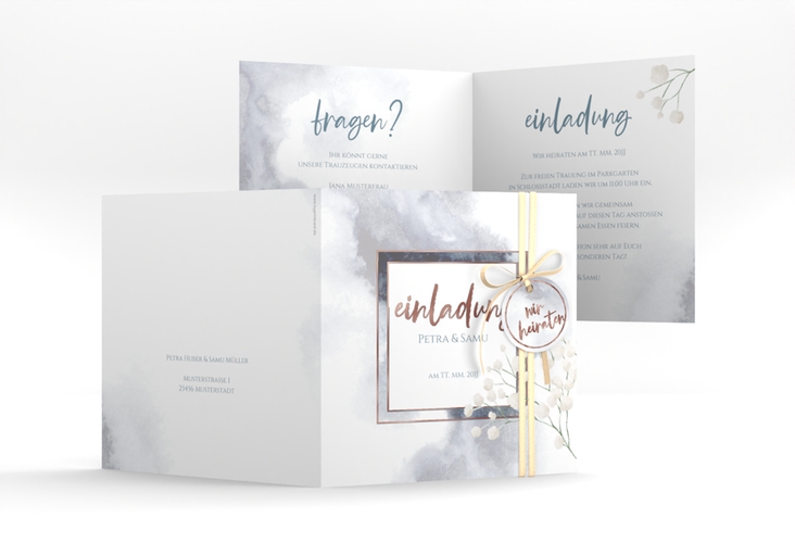 Hochzeitseinladung Winter quadr. Klappkarte blau rosegold mit Schleierkraut