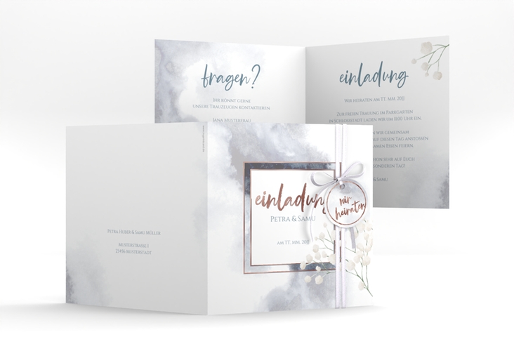 Hochzeitseinladung Winter quadr. Klappkarte blau rosegold mit Schleierkraut