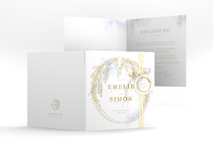 Hochzeitseinladung Wisteria quadr. Klappkarte blau gold mit Blumenbogen aus Blauregen