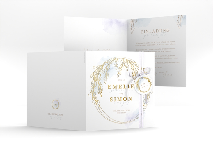 Hochzeitseinladung Wisteria quadr. Klappkarte blau gold mit Blumenbogen aus Blauregen