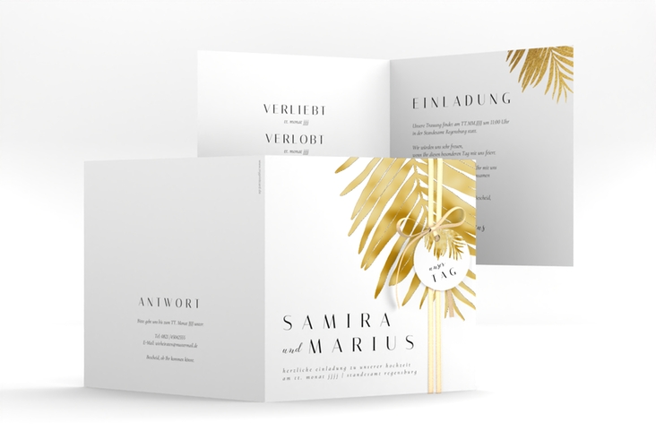 Hochzeitseinladung Palmenblatt quadr. Klappkarte gold gold mit Palmenwedel