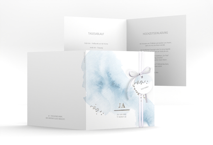 Hochzeitseinladung Pastell quadr. Klappkarte blau silber