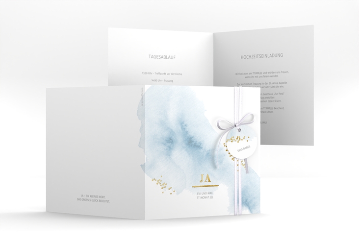 Hochzeitseinladung Pastell quadr. Klappkarte blau gold