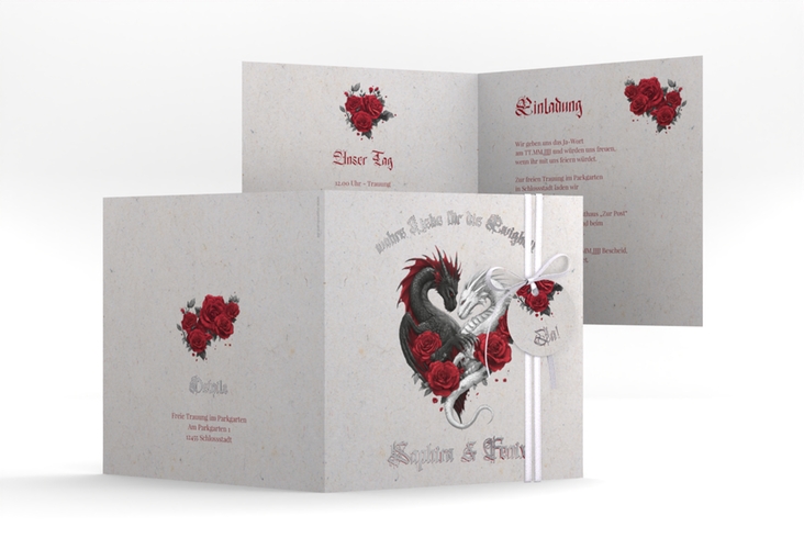 Hochzeitseinladung Drachenliebe quadr. Klappkarte grau silber