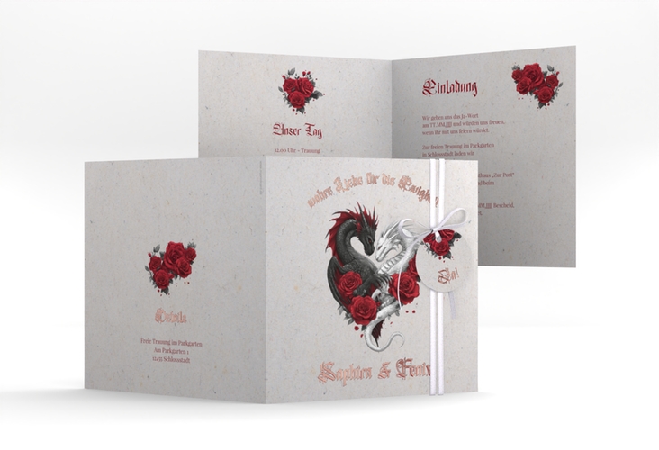 Hochzeitseinladung Drachenliebe quadr. Klappkarte grau rosegold