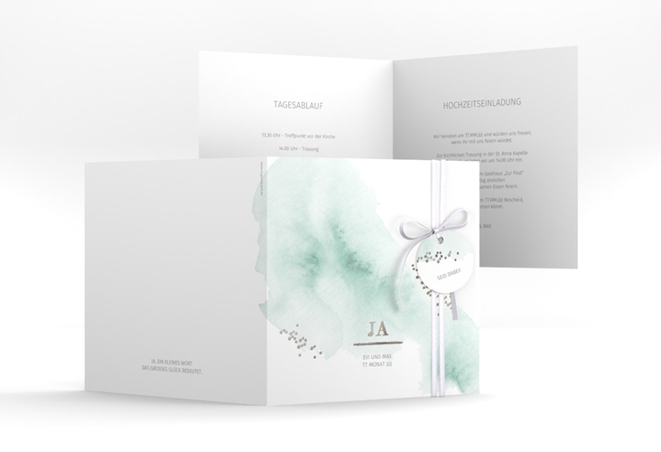 Hochzeitseinladung Pastell quadr. Klappkarte mint silber