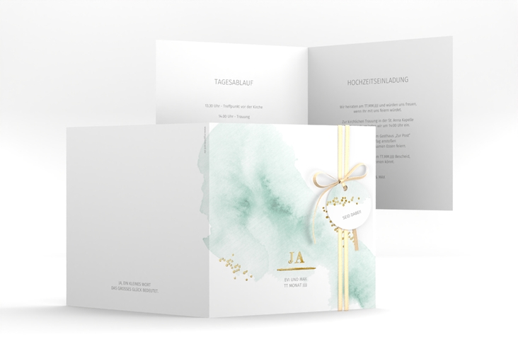Hochzeitseinladung Pastell quadr. Klappkarte mint gold