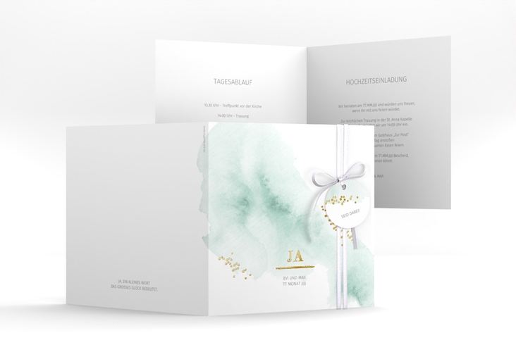 Hochzeitseinladung Pastell quadr. Klappkarte mint gold