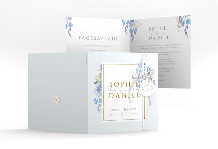 Hochzeitseinladung Blauregen quadr. Klappkarte blau gold mit Wisteria-Blüten