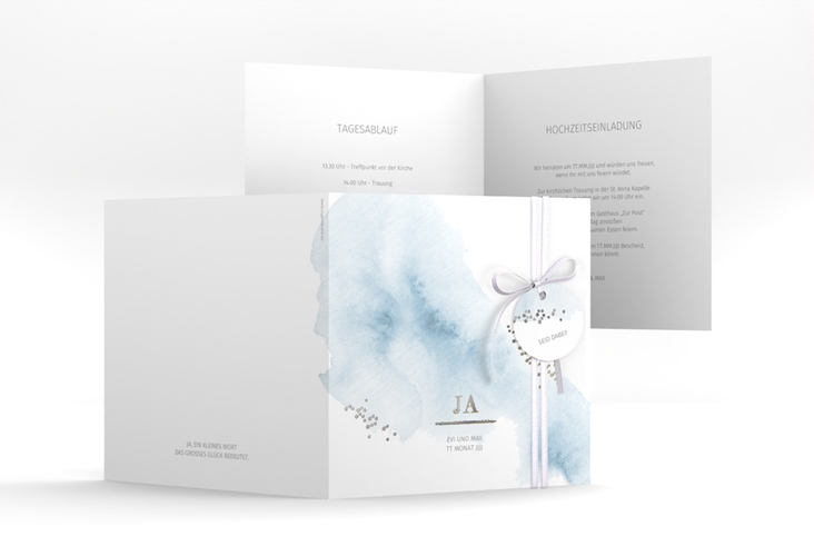 Hochzeitseinladung Pastell quadr. Klappkarte blau silber