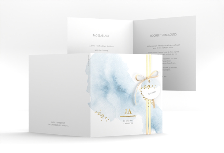 Hochzeitseinladung Pastell quadr. Klappkarte blau gold