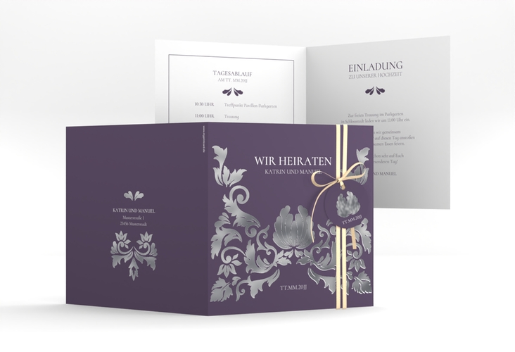 Hochzeitseinladung Royal quadr. Klappkarte lila silber mit barockem Blumen-Ornament