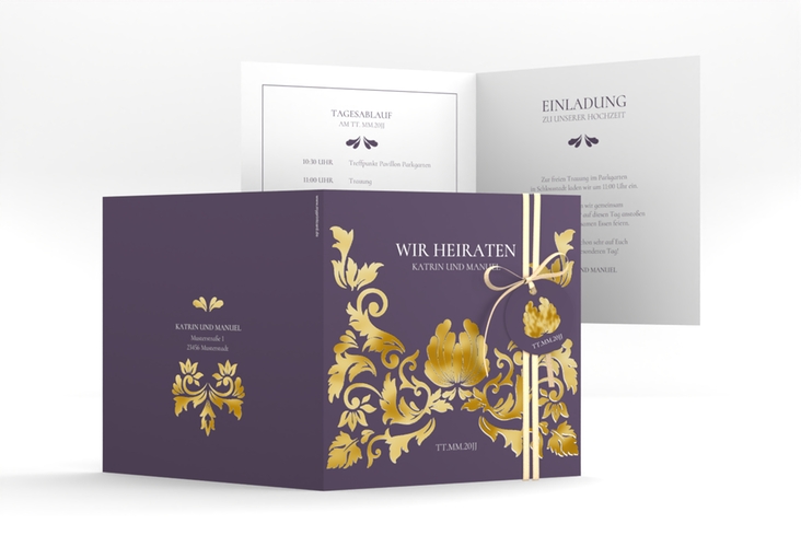 Hochzeitseinladung Royal quadr. Klappkarte lila gold mit barockem Blumen-Ornament