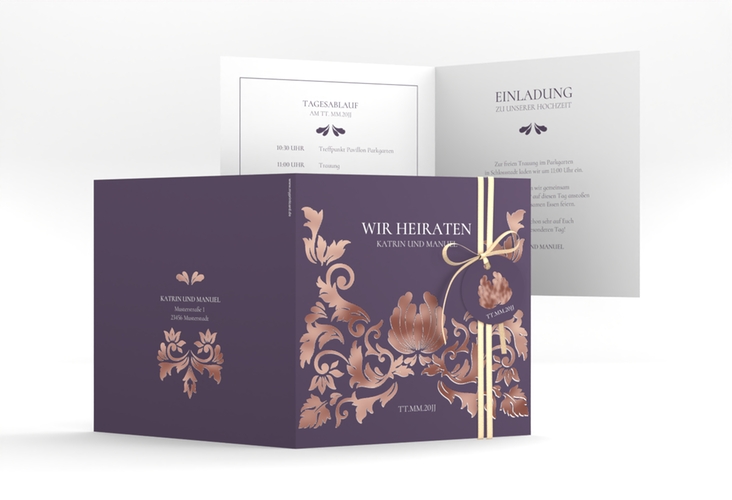 Hochzeitseinladung Royal quadr. Klappkarte lila rosegold mit barockem Blumen-Ornament