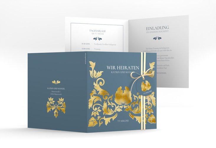 Hochzeitseinladung Royal quadr. Klappkarte blau gold mit barockem Blumen-Ornament