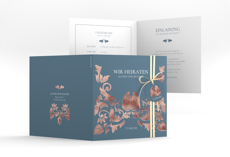 Hochzeitseinladung Royal quadr. Klappkarte blau rosegold mit barockem Blumen-Ornament