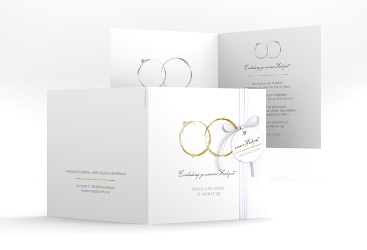 Hochzeitseinladung Trauringe quadr. Klappkarte grau gold minimalistisch gestaltet mit zwei Eheringen