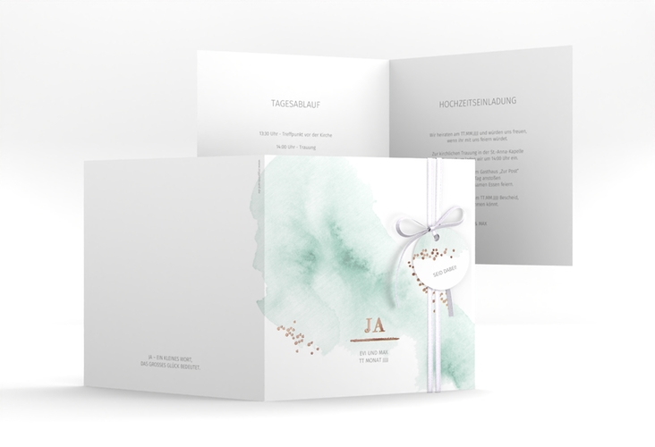Hochzeitseinladung Pastell quadr. Klappkarte mint rosegold