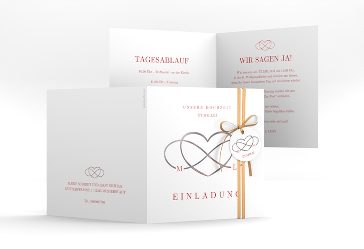 Hochzeitseinladung Infinity quadr. Klappkarte rot silber