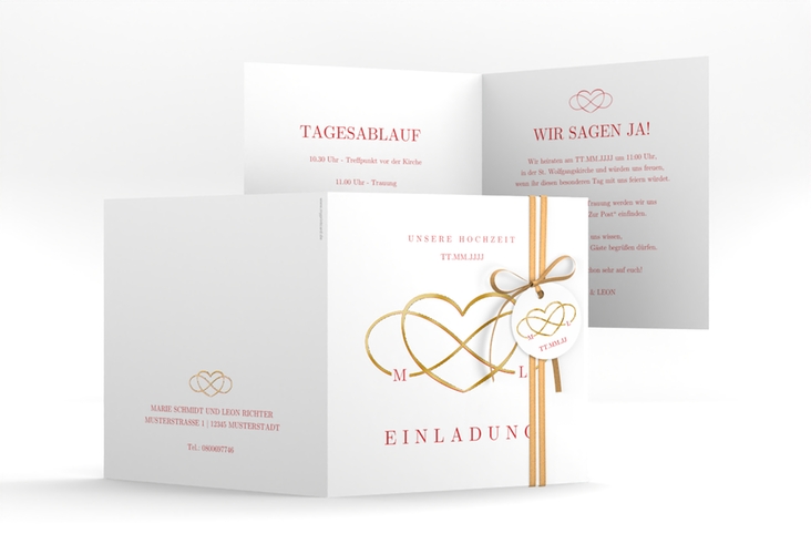 Hochzeitseinladung Infinity quadr. Klappkarte rot gold