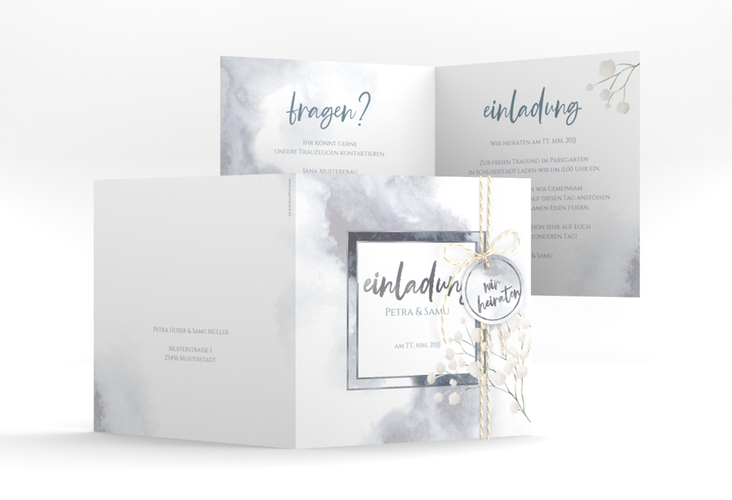 Hochzeitseinladung Winter quadr. Klappkarte blau silber mit Schleierkraut