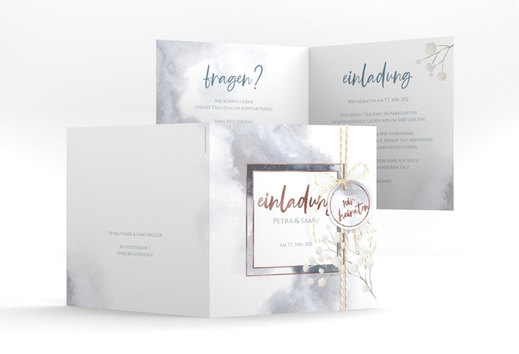 Hochzeitseinladung Winter quadr. Klappkarte blau rosegold mit Schleierkraut