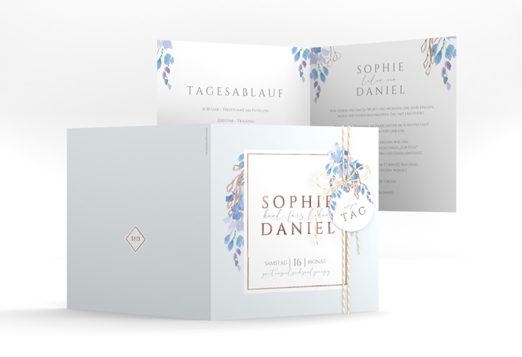 Hochzeitseinladung Blauregen quadr. Klappkarte blau rosegold mit Wisteria-Blüten