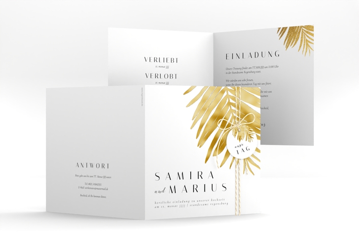 Hochzeitseinladung Palmenblatt quadr. Klappkarte gold gold mit Palmenwedel